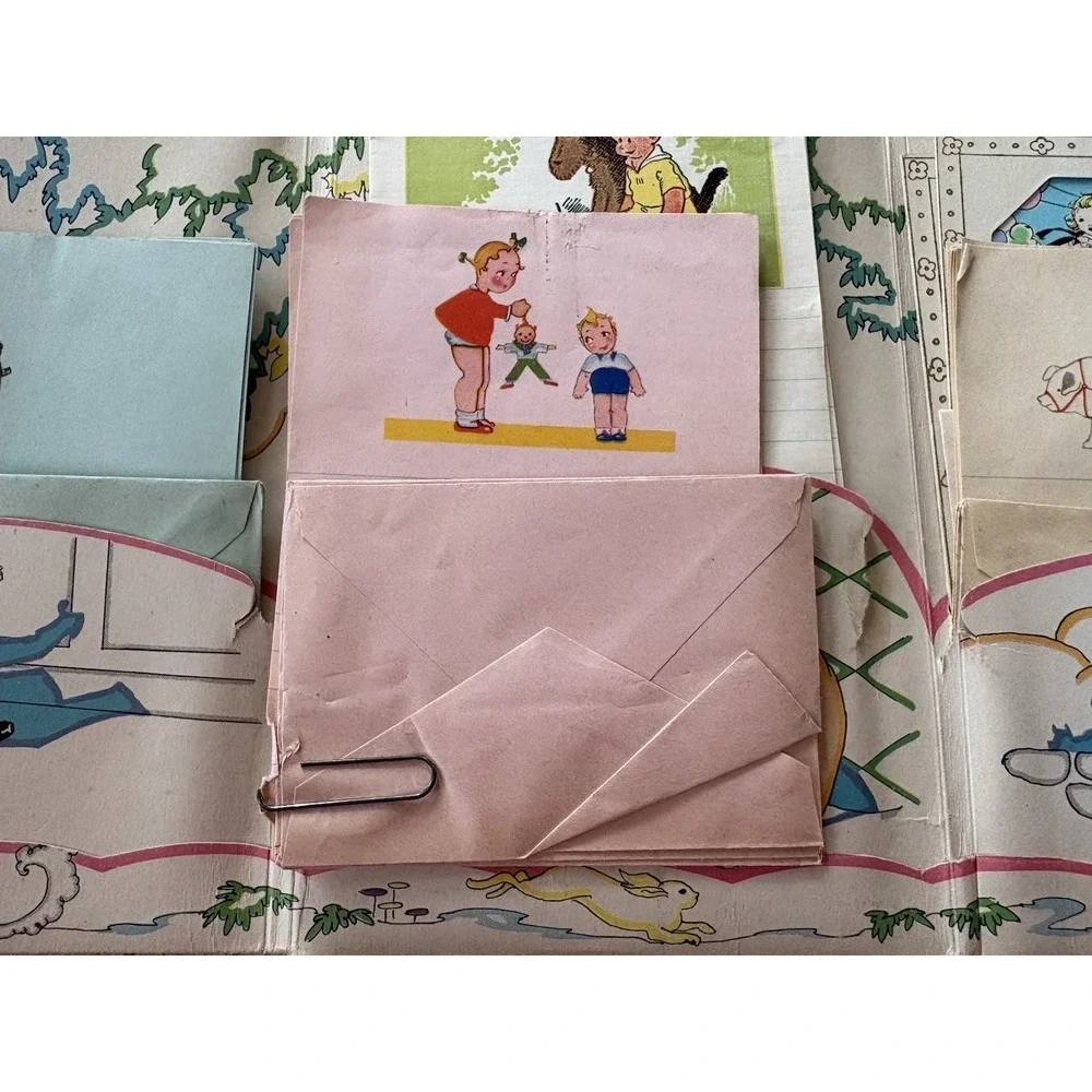 Vintage childrens stationery writing paper pink blue envelope Skeezix illus 1930